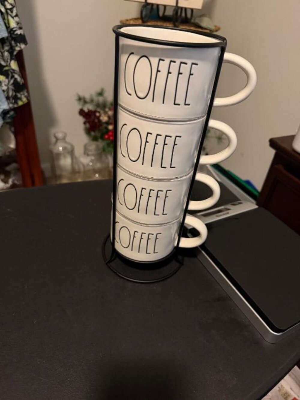 Rae Dunn Coffee Mug Stack Set of 4 Mugs with Wire Holder and Plastic Separators